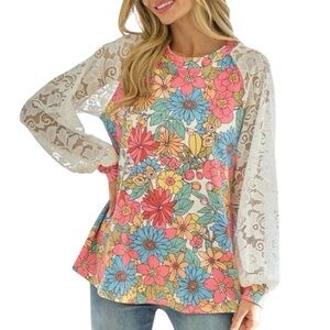 Lovely Melody Lets Dance with Flowers Top Floral Lace Sleeve Top 3XL Beach Boho